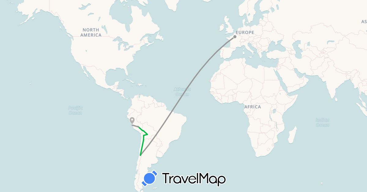 TravelMap itinerary: bus, plane in Bolivia, Chile, France, Peru (Europe, South America)
